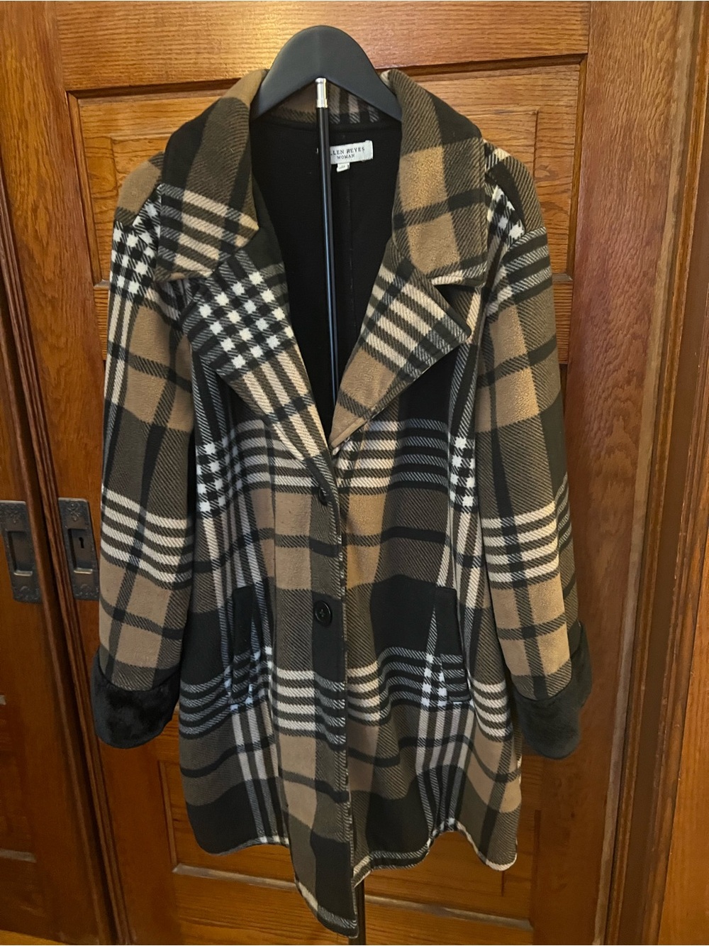 Ellen Tracy Black & Camel Plaid Pea Coat